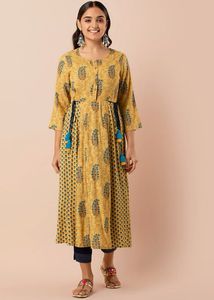 INDYA Mustard Printed Side-Tie A-Line Kurta