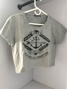 Gray Graphic Tee with Embellished Neck