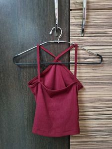 Ribbed Wine Red Cross-Back Crop Top – Size XS/S