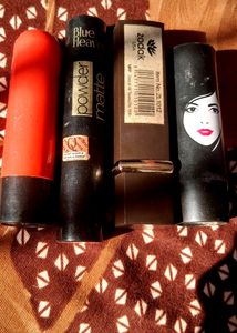 4 Lipsticks Combo, 1 Zodak Red, 2. Elle 18 Mauve Date, 3 Ads Nude Shade, 4: Blue Heaven Powder Matte Lipstick Shade Brick Beauty 😍