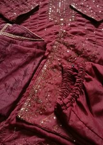 Maroon Embroidery Work Dress 👗