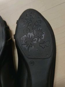 Black Peep-Toe Flats with Gold Accent