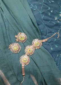 Peacock Green Kurti With Dupatta And Jewellery