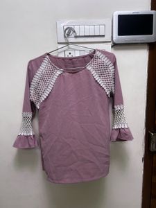 Lavender Top with White Lace Detail