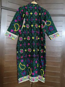 Women Black Cotton Silk Fulkari Embroidery Kurta