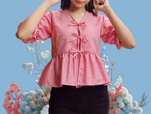 Gingham Front Tie up Red Top
