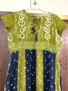 Pure Bandhani Flared Kurta With Hand Embroidery