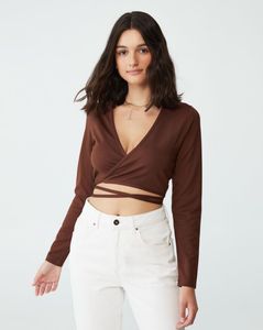 Brown V Neck Wrap Tie Crop Top