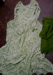 Green Printed Gown Dress &amp; Scarf Set Xl Size