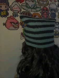 emo beanie grey and black Striped Crochet
