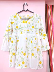 White Top With Yellow And Light Blue Embroidery