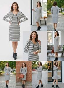 Women&#39;s Long Sleeve Striped Boat Neck Dress