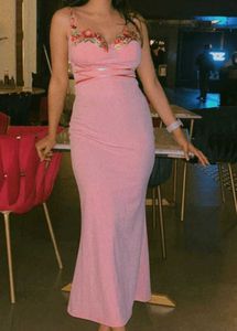 Floral Embroidered Pink Corset Midi Dress