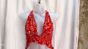 4151. Red Floral Halter Crop Top