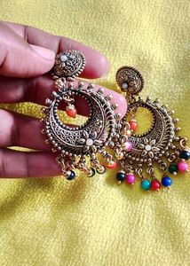 Antique Gold-Plated Chandbali Earrings with Multic