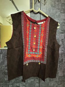 Brown Sleeveless Top with Embroidery M Size