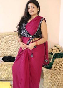 Beautifu Wine Colour Saree With Black Readymade Bl
