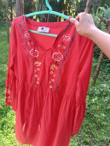 Red Orange Embroidered Bohemian Dress