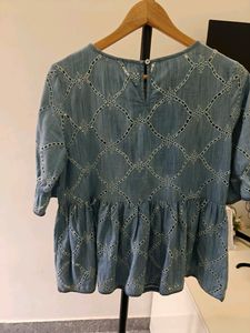 Veromoda Cotton Denim Cutwork Peplum Top