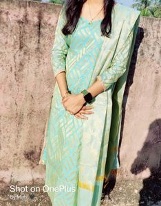 Aqua & Gold Printed Kurta Set