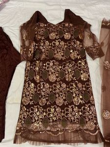 Elegant Brown &amp; Gold Embellished Pakistani Suit