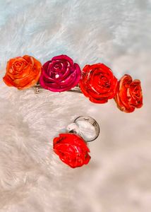 Floral Rose Hair Clip And Ring