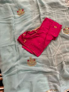 skyblue chiffon gotta patti hand worked with blous