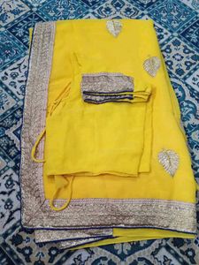 Yellow Sari with Gold Leaf Design