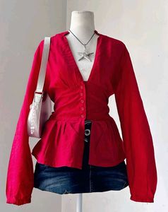 Red Peplum Button-Down Top