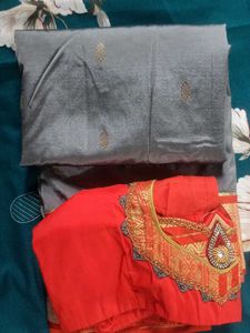 Grey Saree With Orange Blouse