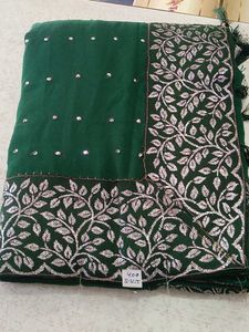 Green Plain Saree Stone Border