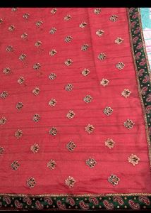 Rust &amp; Green Border Embroidered Saree