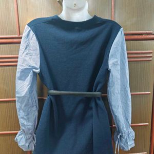 Blue Mini Dress with Striped Sleeves