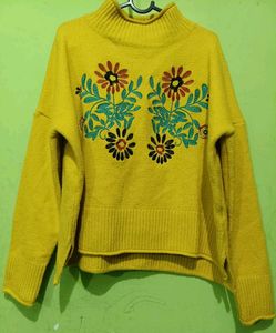 Floral Embroidered Yellow Sweater
