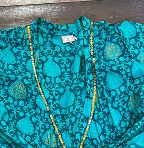 🦚Peacock Blue Wrap Gown With Golden Border