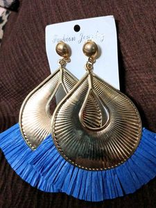 Gold &amp; Blue Fringe Statement Earrings