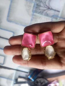 Pink &amp; Gold Square Drop Earrings
