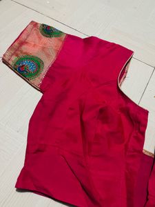 Red Sari Blouse with Embroidered Sleeves