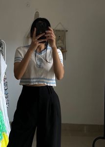 White & Blue Knitted  Polo Crop Top