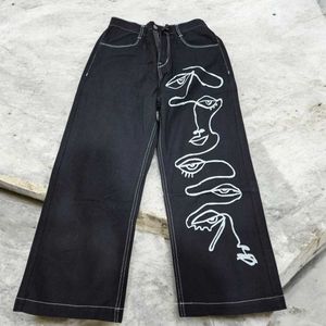 Black Wide-Leg Artistic Face Print Pants