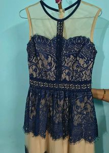 Stylish Lace Overlay Dress – Blue & Nude