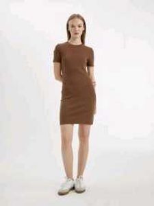 Brown Ribbed Bodycon Mini Dress