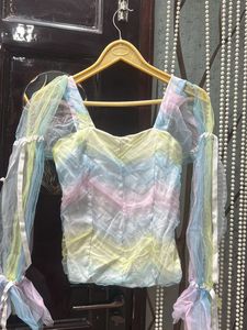 Pastel Dream Top with Mesh Sleeves