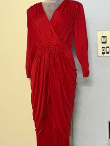 Red Dhoti Style Attached Bottom Dress