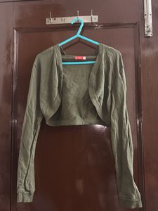Olive Green Long Sleeve Hooded Shrug Jacket