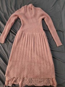 Pink Fuzzy Knit Lace Trim Dress