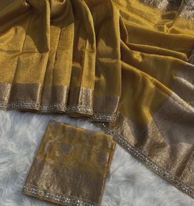 Pure Tissue Silk Golden Saree with Blouse Piece