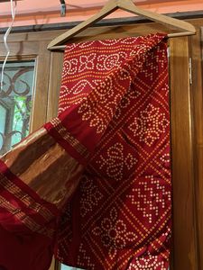 Red Bandhani Dupatta with Gold Border