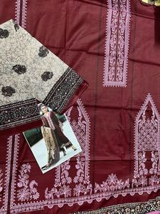 Printed Pakistani Burgundy &amp; Pink Floral Unstitche