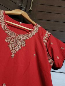 Women Red Embroidery Cotton Mix Casual Kurta